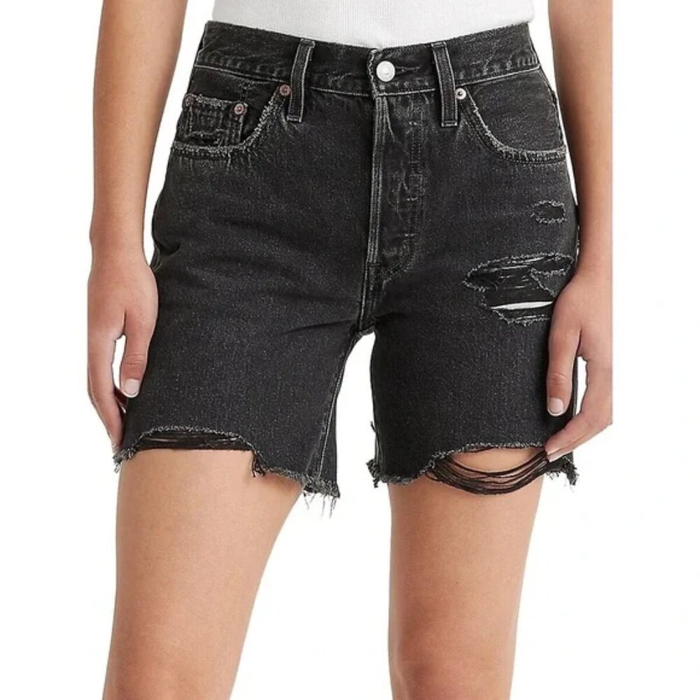LEVI'S 501 Mid Thigh Shorts Distressed Denim Raw Hem Cotton Black Womens 28 x 6"